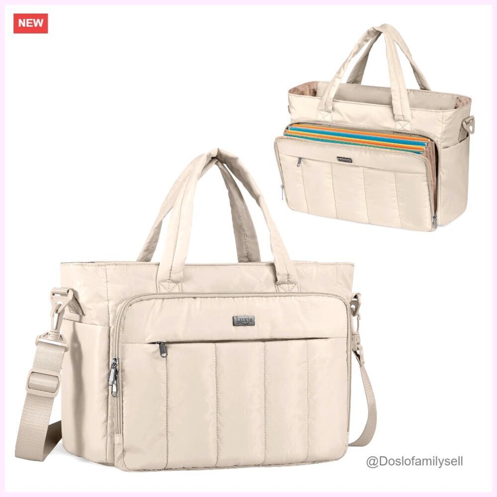 Lightweight Puffer Tote Bag with Accordion File Pocket and Laptop Sleeve